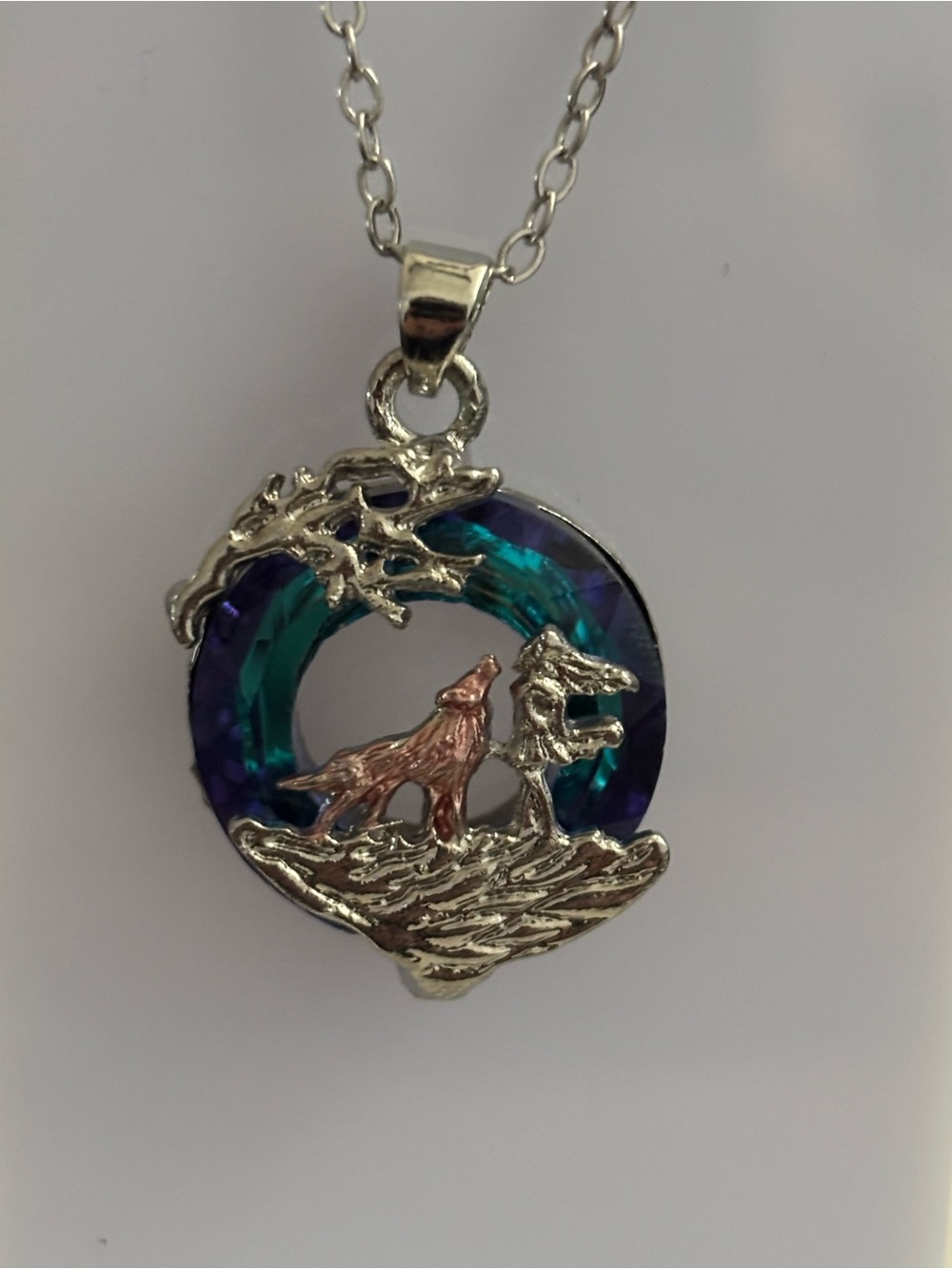 Silver & Rose Gold Tone Howling Wolf Pendant Necklace, Blue Purple Ombre Stone,
